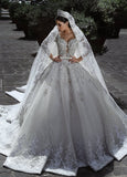 Glamorous Long Sleeves Tulle Appliques Wedding Dresses Crystal Bridal Ball Gowns with Bow BA7970