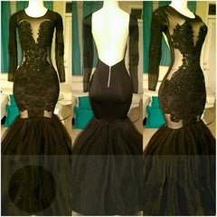 Glamorous Mermaid Backless Black Prom Dresses | Long Sleeves Appliques Party Dresses bc1324