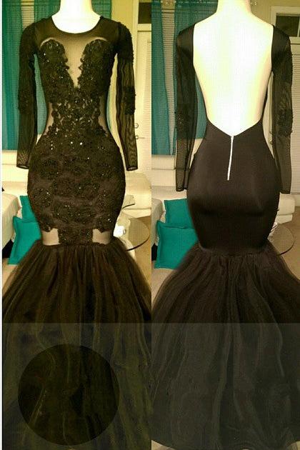 Glamorous Mermaid Backless Black Prom Dresses | Long Sleeves Appliques Party Dresses bc1324