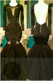 Glamorous Mermaid Backless Black Prom Dresses | Long Sleeves Appliques Party Dresses bc1324