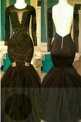 Glamorous Mermaid Backless Black Prom Dresses | Long Sleeves Appliques Party Dresses bc1324