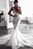 Glamorous Mermaid Deep v-Neck Wedding Dresses | Sleeveless Tulle Appliques Bridal Gowns