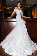 Glamorous Mermaid Lace Bridal Gowns White Sweetheart Sweep Train Wedding Dresses