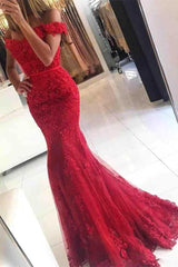 Glamorous Mermaid Lace Prom Dress Off-the-shoulder Red Appliques Evening Dress