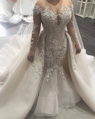 Glamorous Mermaid Lace Wedding Dresses | Sexy Sheer Tulle Bridal Gowns with Buttons BC0535