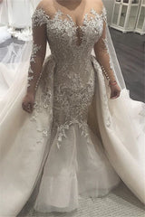 Glamorous Mermaid Lace Wedding Dresses | Sexy Sheer Tulle Bridal Gowns with Buttons BC0535