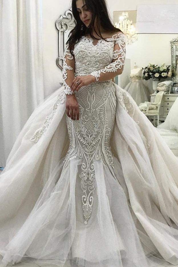 Glamorous Mermaid Lace wedding Dress Long Sleeve Ruffles Bridal Gowns with Detachable Train