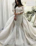 Glamorous Mermaid Lace wedding Dress Long Sleeve Ruffles Bridal Gowns with Detachable Train