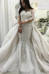 Glamorous Mermaid Lace wedding Dress Long Sleeve Ruffles Bridal Gowns with Detachable Train