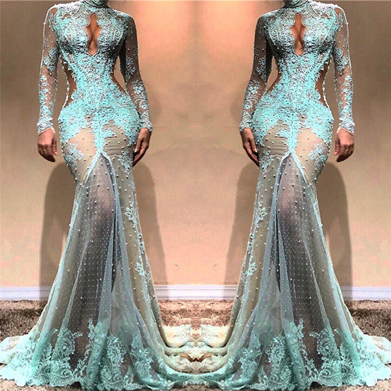 Glamorous Mermaid Long Sleeves Evening Dresses | High Neck Sheer Appliques Prom Dresses