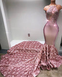 Glamorous Mermaid Pink Prom Dresses Halter Appliques Evening Dresses BA7797