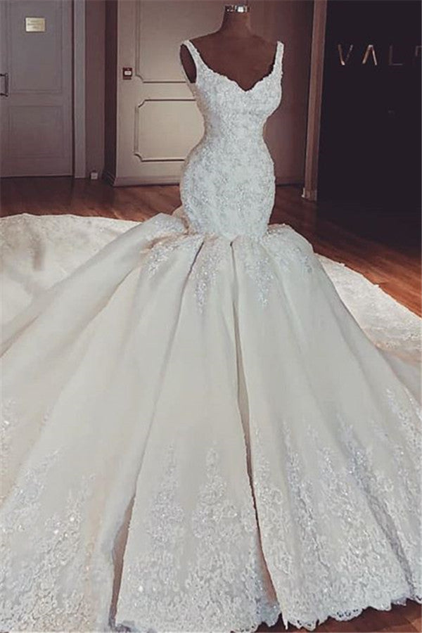 Glamorous Mermaid Puffy Lace Wedding Dresses Straps Lace Appliques Sleeveless Bridal Gowns Suzhoufashion suzhoufashion