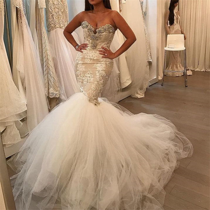 Glamorous Mermaid Tulle Sexy Wedding Dresses | Lace Sweetheart Crystal Bridal Gowns