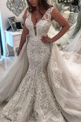 Glamorous Mermaid Wedding Dress Lace Sleeveless Over skirt Bridal Gowns Online
