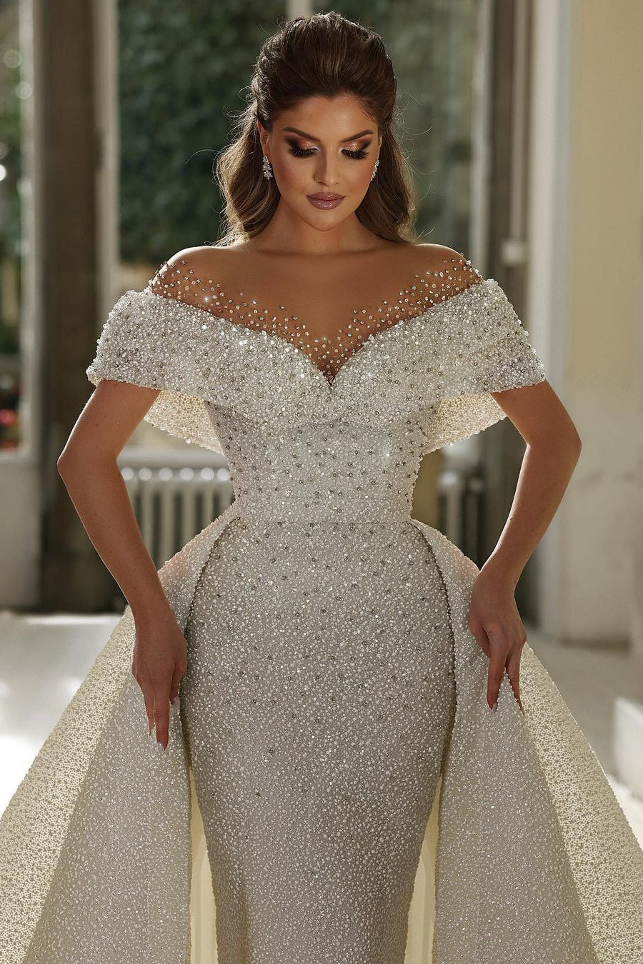 Glamorous Mermaid Wedding Dresses Beaded Off the Shoulder Bridal Gowns with Detachable Train