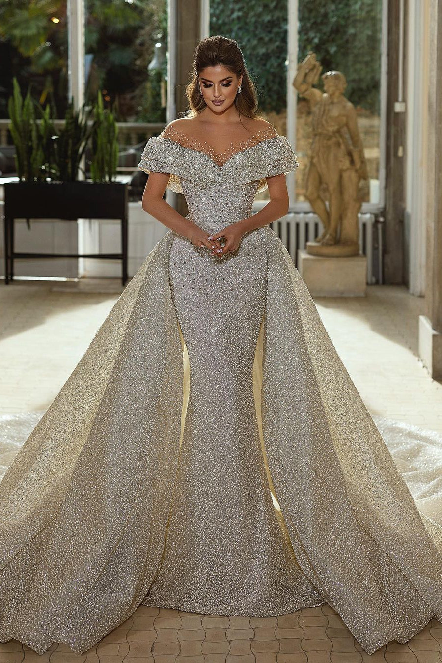 Glamorous Mermaid Wedding Dresses Beaded Off the Shoulder Bridal Gowns with Detachable Train