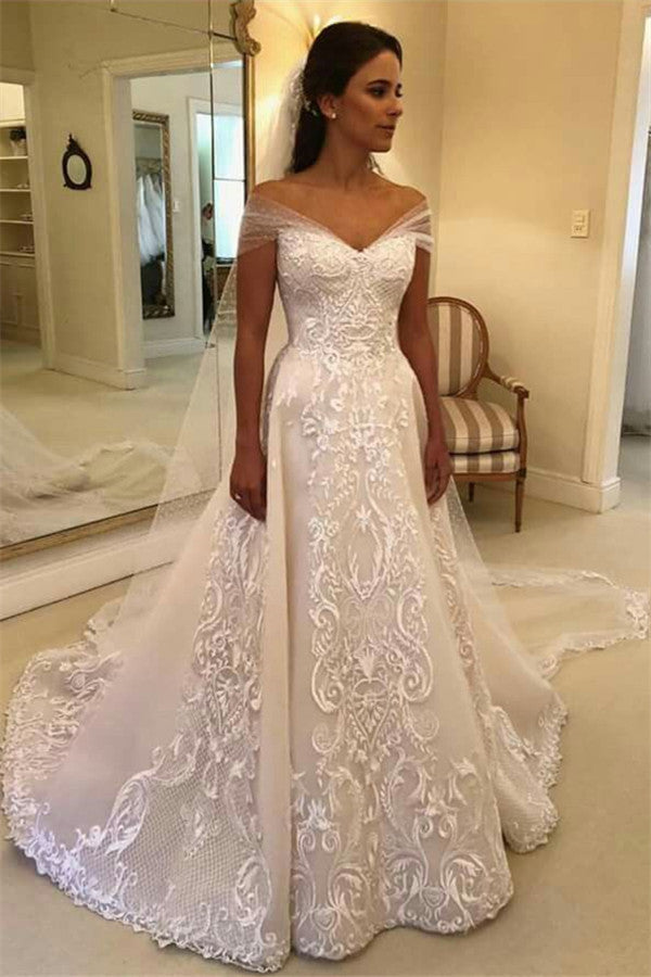 Glamorous Off Shoulder A-line Wedding Dresses | Appliques Court Train Bridal Gowns