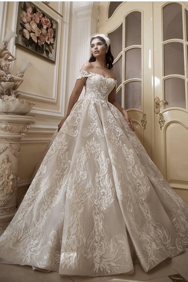 Glamorous Off-Shoulder Tulle Lace Wdding Dress Online
