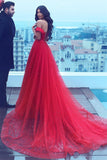 Glamorous Off The Shoulder Tulle Red A-Line Prom Dresses