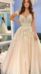 Glamorous Off-the-Shoulder 3D Floral Lace Wedding Dress Tulle Aline Bridal Dress