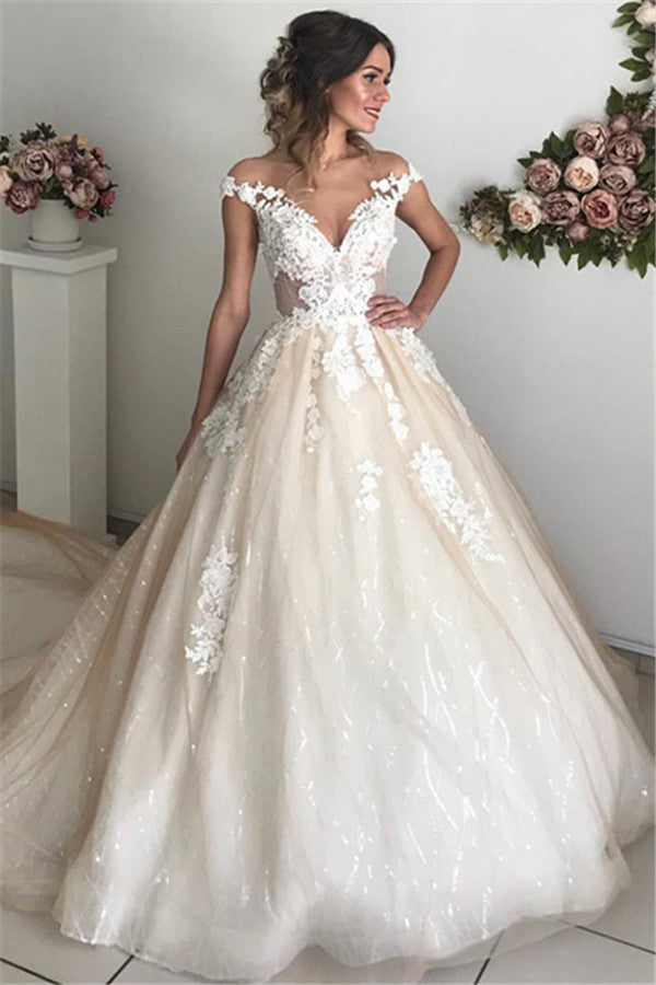Glamorous Off-the-Shoulder Lace Appliques Wedding Dresses | Ivory Bridal Ball Gowns with Buttons