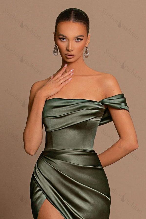 Glamorous One Shoulder Prom Dress Green Mermaid Satin Formal Dress With Split