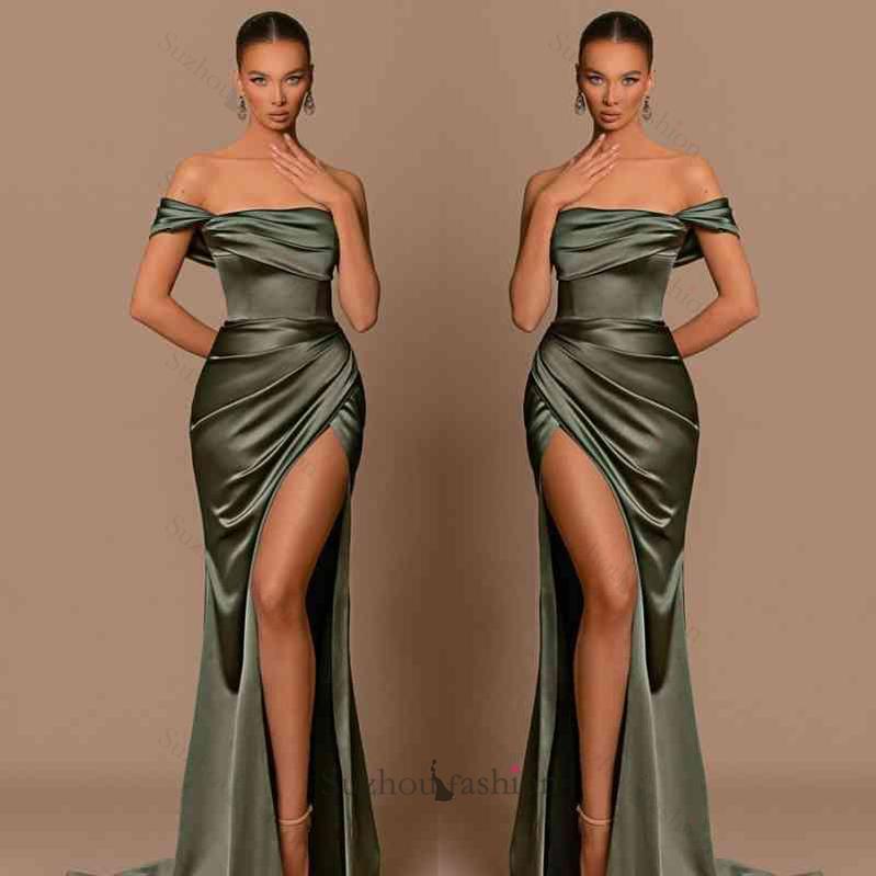 Glamorous One Shoulder Prom Dress Green Mermaid Satin Formal Dress With Split