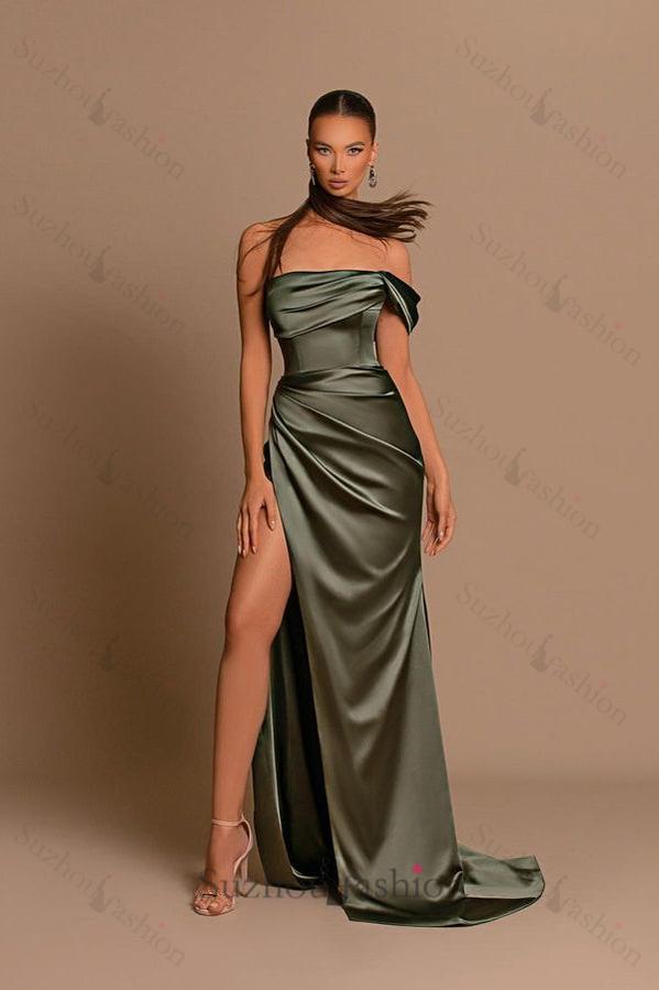 Glamorous One Shoulder Prom Dress Green Mermaid Satin Formal Dress With Split