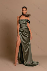 Glamorous One Shoulder Prom Dress Green Mermaid Satin Formal Dress With Split