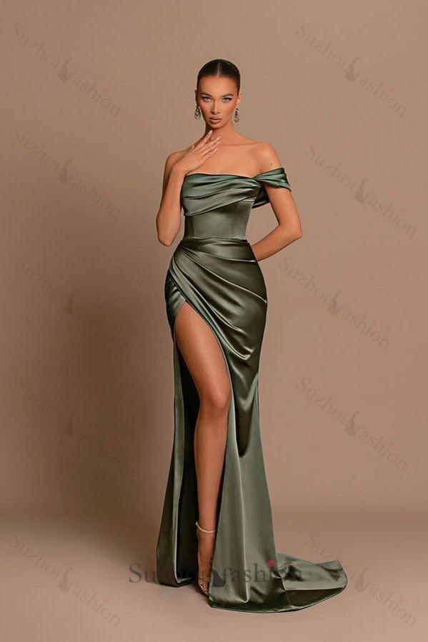 Glamorous One Shoulder Prom Dress Green Mermaid Satin Formal Dress With Split