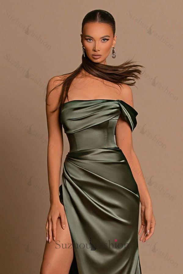 Glamorous One Shoulder Prom Dress Green Mermaid Satin Formal Dress With Split