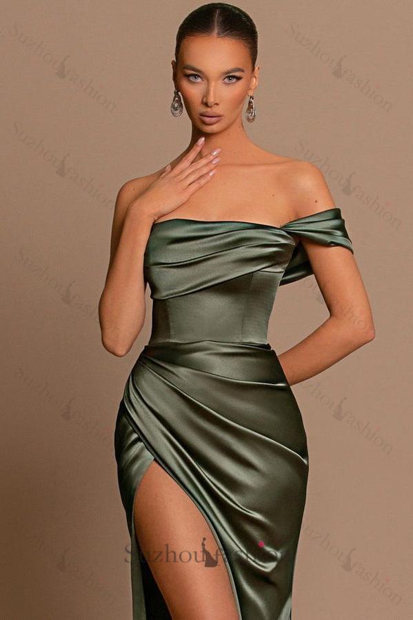 Glamorous One Shoulder Prom Dress Green Mermaid Satin Formal Dress With Split