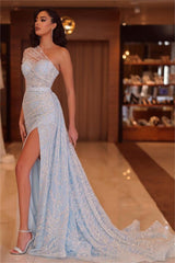 Glamorous One Shoulder Sleeveless Pleated Split Long Evening Formal Dress With Beadings