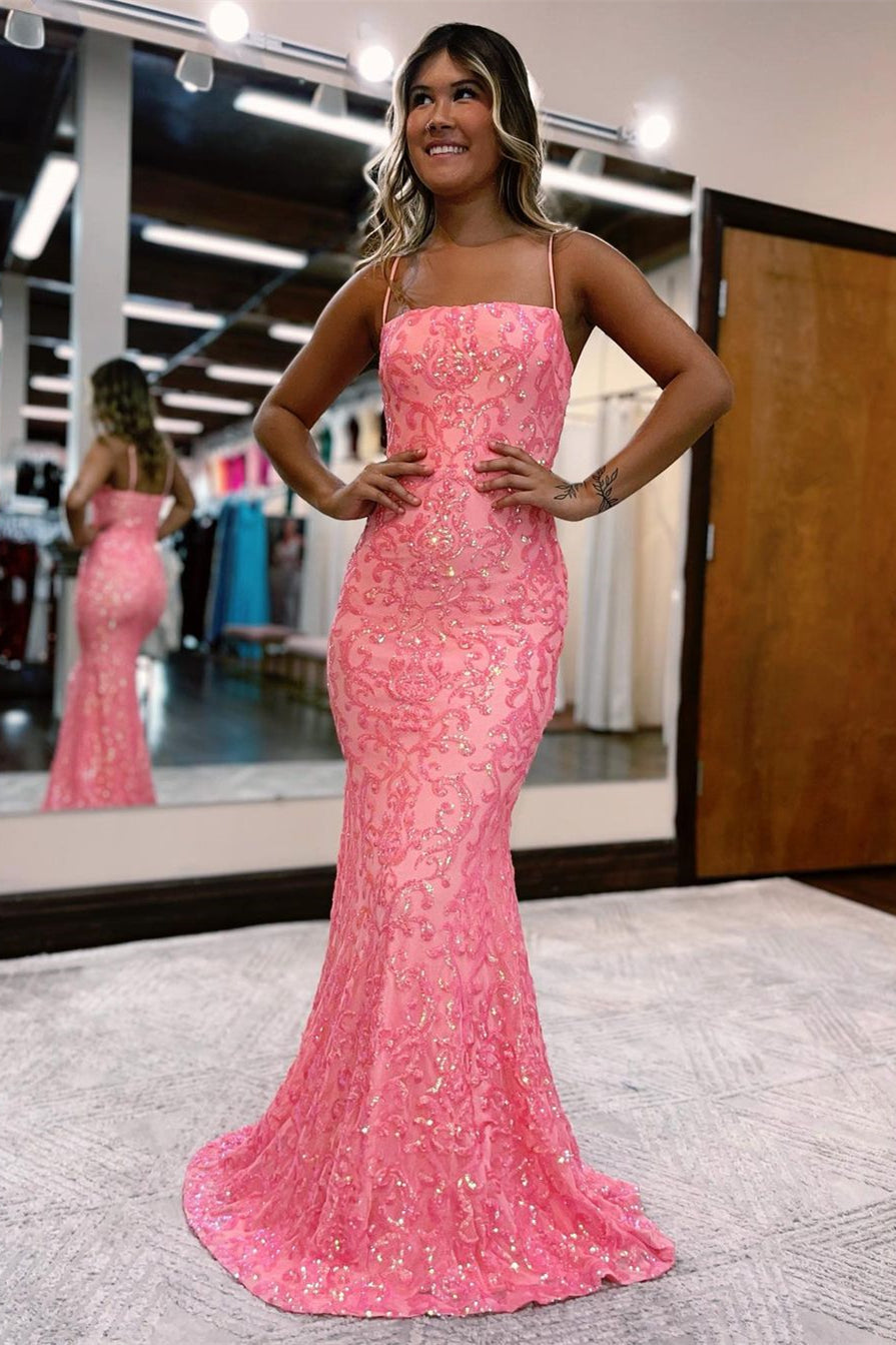 Glamorous Pink Long Mermaid Evening Dress With Lace Spaghetti Straps