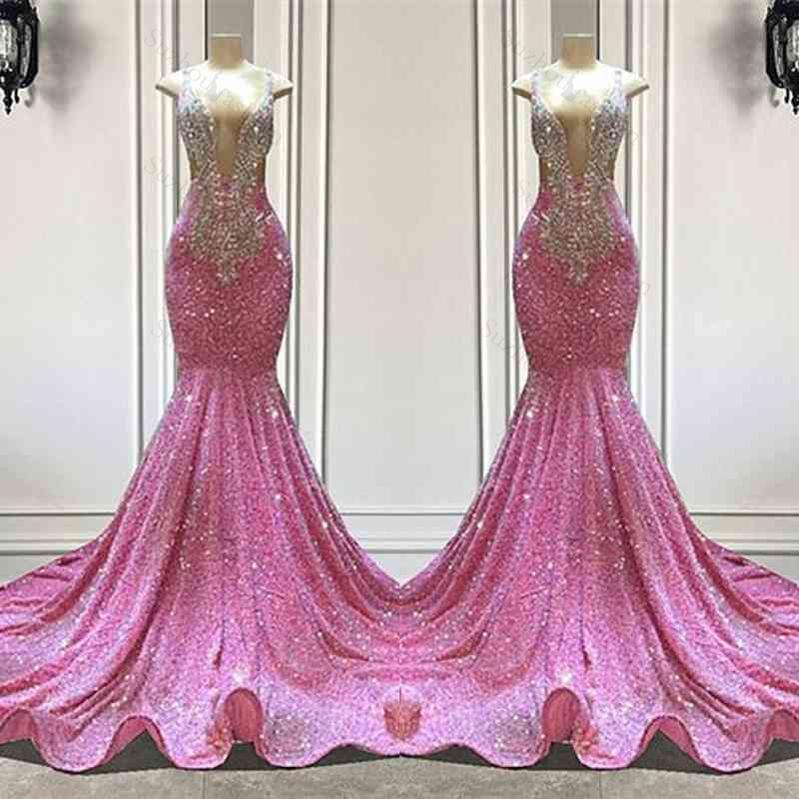 Glamorous Pink Sequined Sleeveless Straps Long Beading Mermaid Prom Dresses