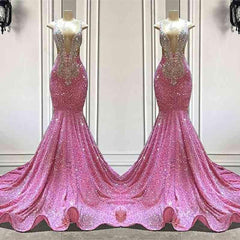 Glamorous Pink Sequined Sleeveless Straps Long Beading Mermaid Prom Dresses