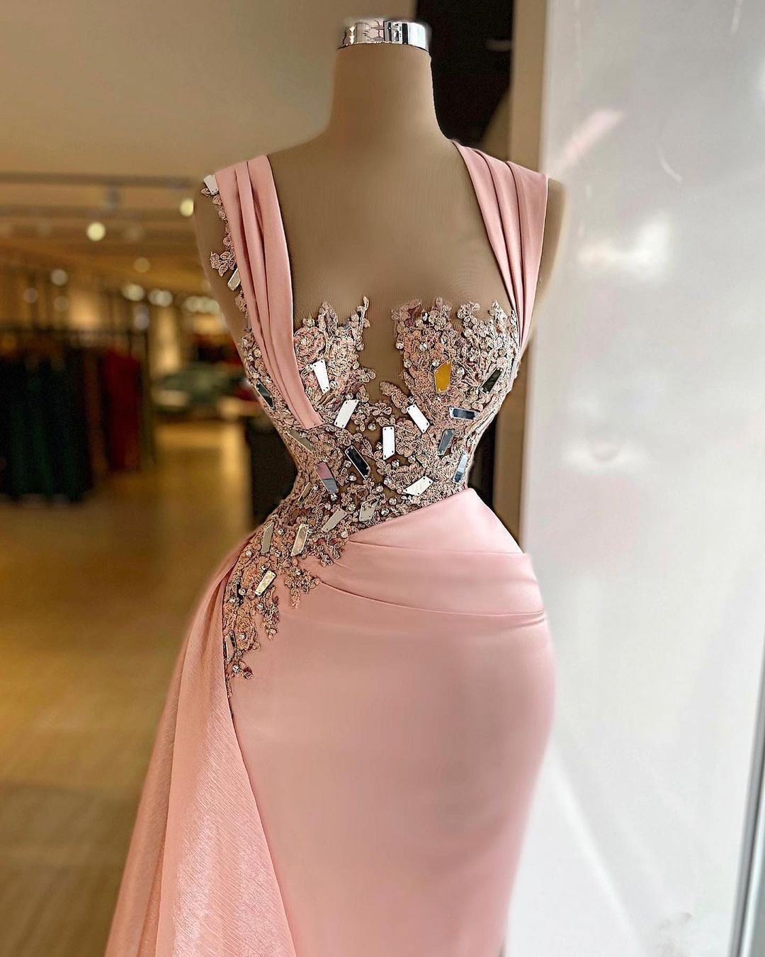 Glamorous Pink Straps Prom Dress Mermaid Long With Beads