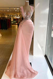 Glamorous Pink Straps Prom Dress Mermaid Long With Beads
