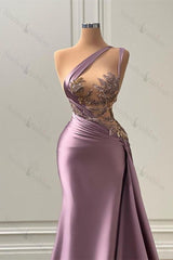 Glamorous Purple Prom Dress One Shoulder Sleeveless Long Mermaid Evening Formal Dress with Appliques
