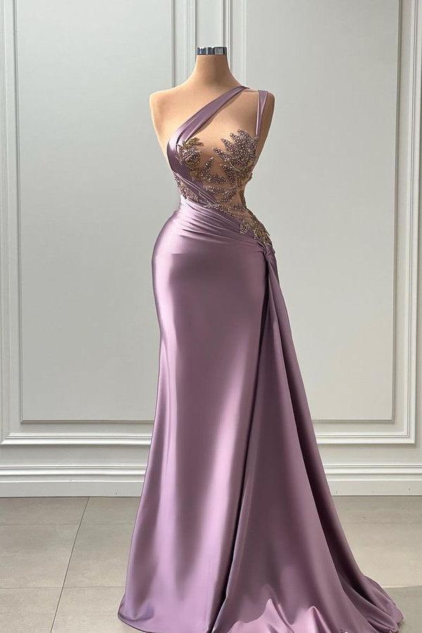 Glamorous Purple Prom Dress One Shoulder Sleeveless Long Mermaid Evening Formal Dress with Appliques