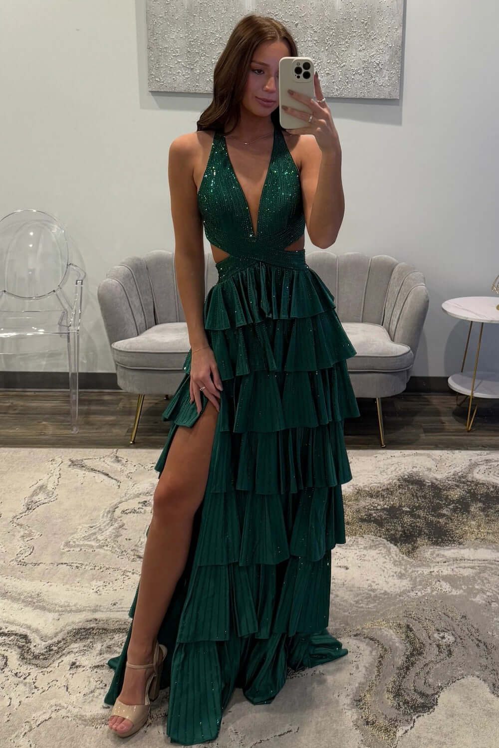 Emerald Green Prom Dress Tiered A-Line Halter Long Formal Dress With Slit