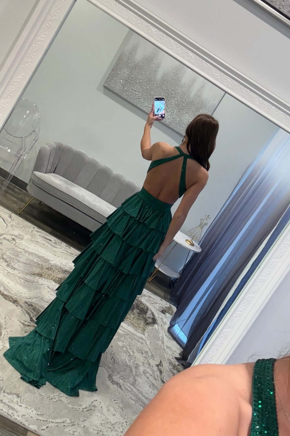 Emerald Green Prom Dress Tiered A-Line Halter Long Formal Dress With Slit
