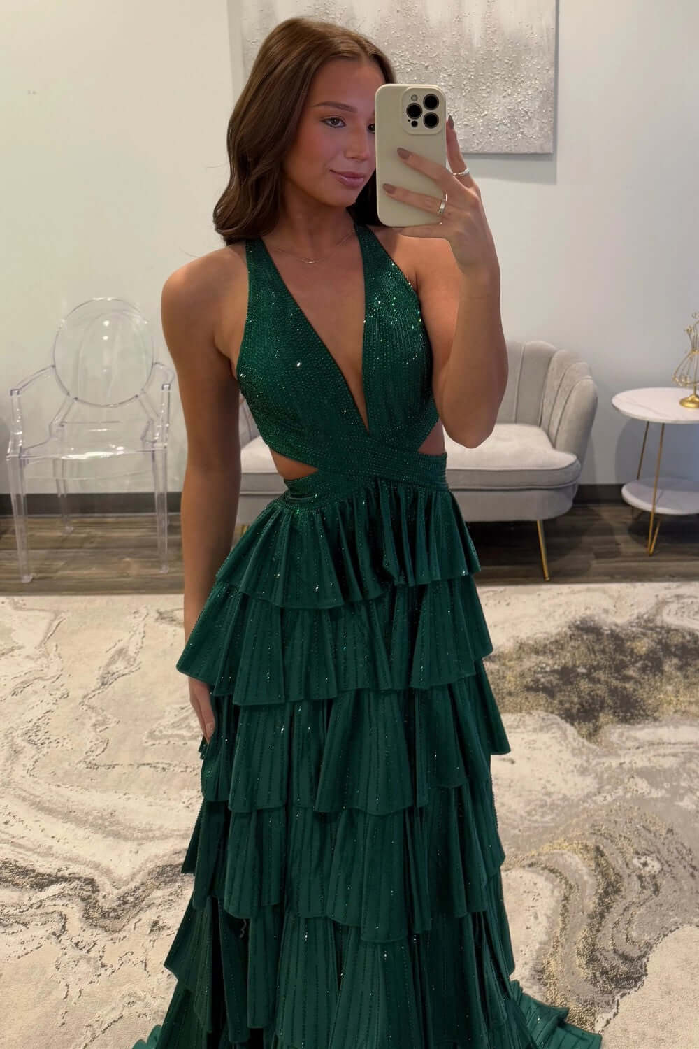 Emerald Green Prom Dress Tiered A-Line Halter Long Formal Dress With Slit