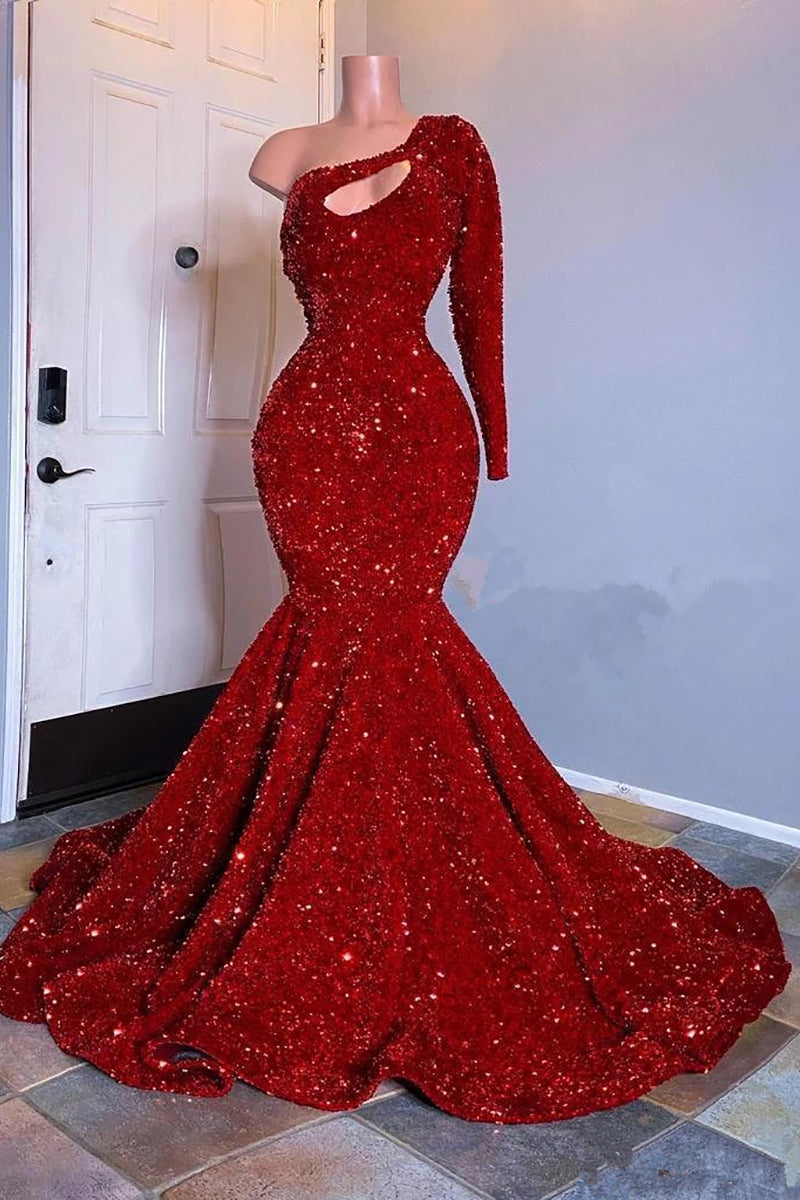 Glamorous Red Long Sleeves Mermaid Prom Dress Sequins Party Gowns