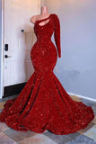 Glamorous Red Long Sleeves Mermaid Prom Dress Sequins Party Gowns