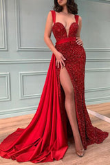 Glamorous Red Sequins Beadings Mermaid Evening Prom Dresses Split With Ruffles