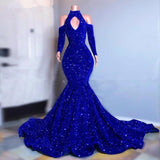 Glamorous Royal Blue Long Sleeves Mermaid Prom Dress Sequins Party Gowns