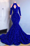 Glamorous Royal Blue Long Sleeves Mermaid Prom Dress Sequins Party Gowns