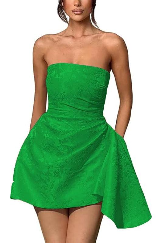 Glamorous Ruched Satin Short Cocktail Dresses Strapless Homecoming Dresses with Pocket