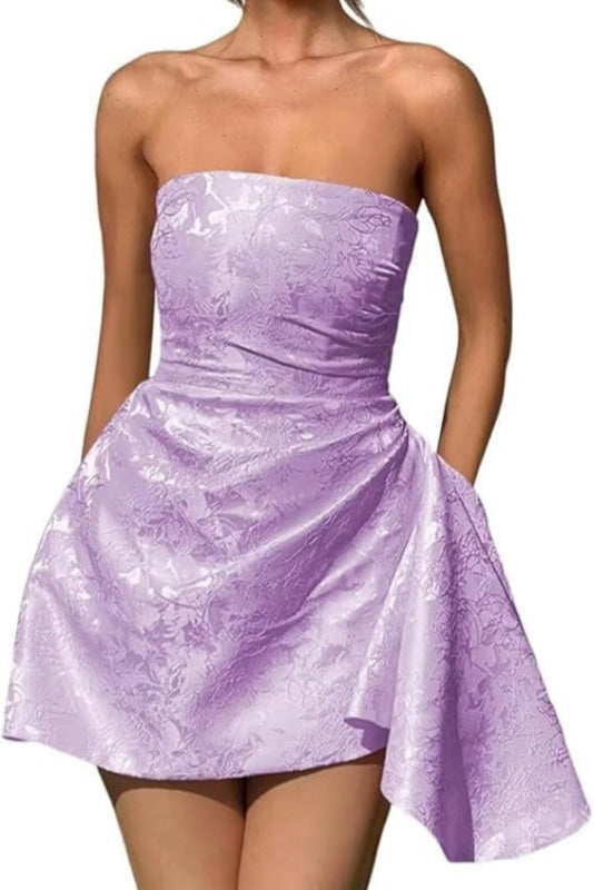 Glamorous Ruched Satin Short Cocktail Dresses Strapless Homecoming Dresses with Pocket